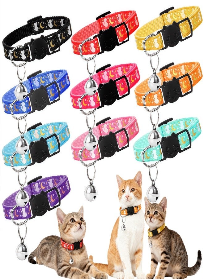 LUSTRIB 10PCS Breakaway Cat Collars with Bell, Glow in The Dark Adjustable Kitten Collars with Star Moon Pendant, 10 Color Cute Kitty Collars for Girl Boy Cats Pet Accessories - Image 1